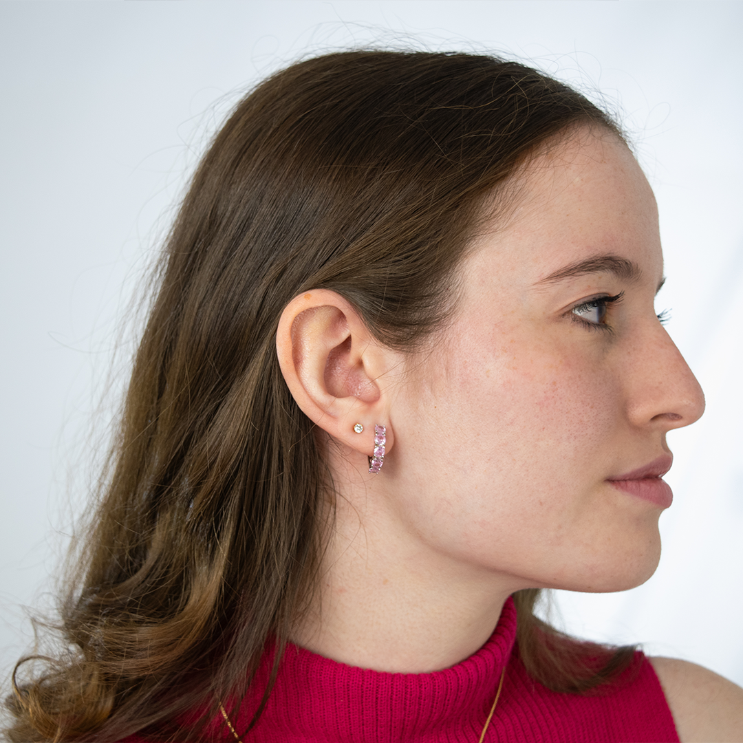 Brinco Argola com Zircônias Rosa Ródio Branco