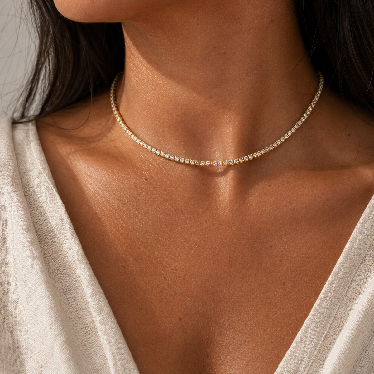 Colar Choker Riviera Cristal 2MM Semijoia Ouro 18K