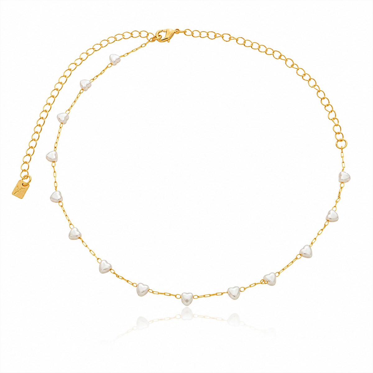 Colar Choker Elos Retangulares e Pérolas de Corações Ouro 18K