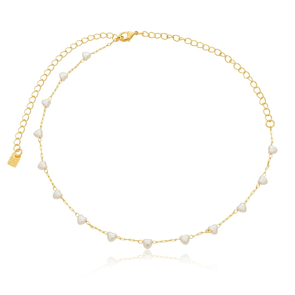 Colar Choker Elos Retangulares e Pérolas de Corações Ouro 18K