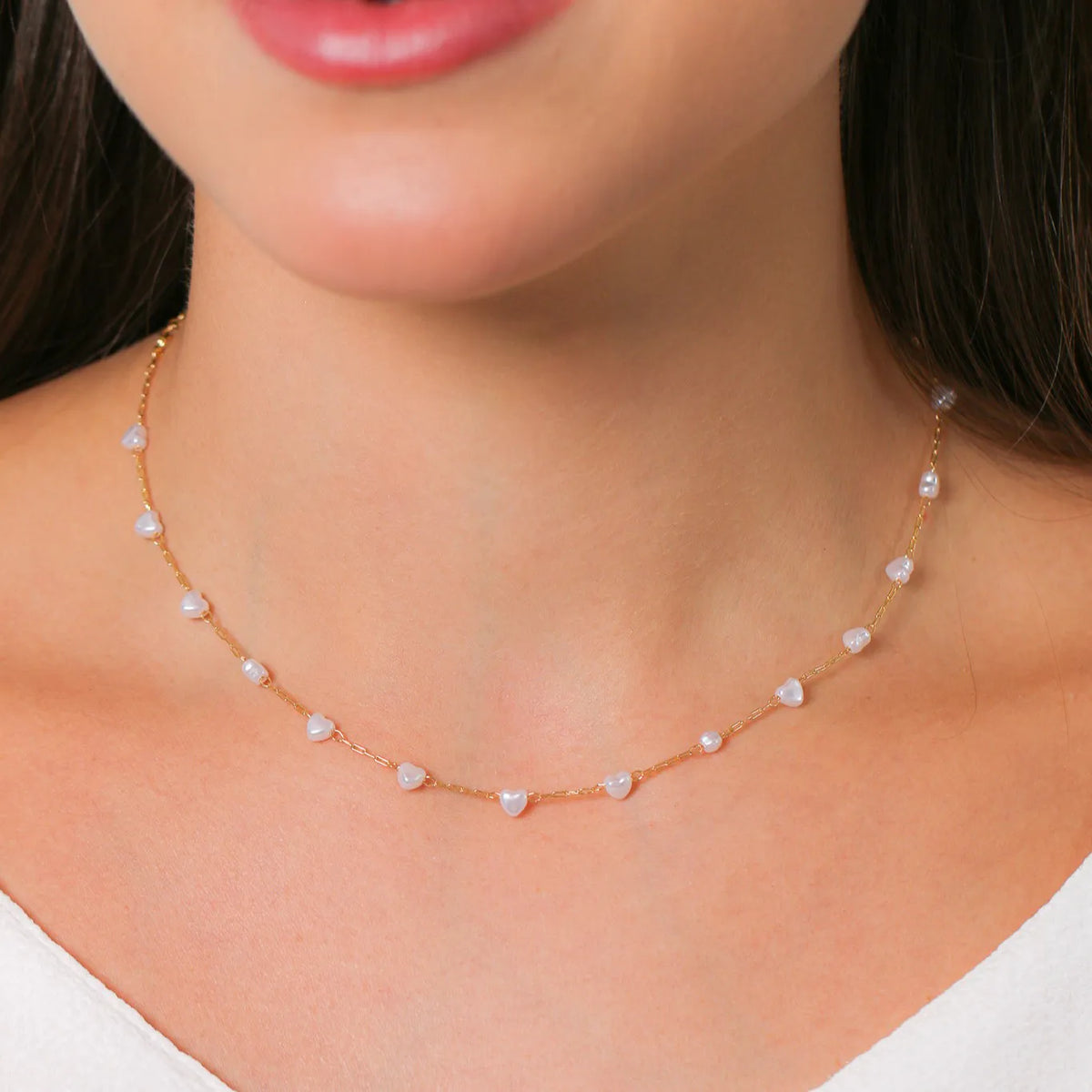 Colar Choker Elos Retangulares e Pérolas de Corações Ouro 18K