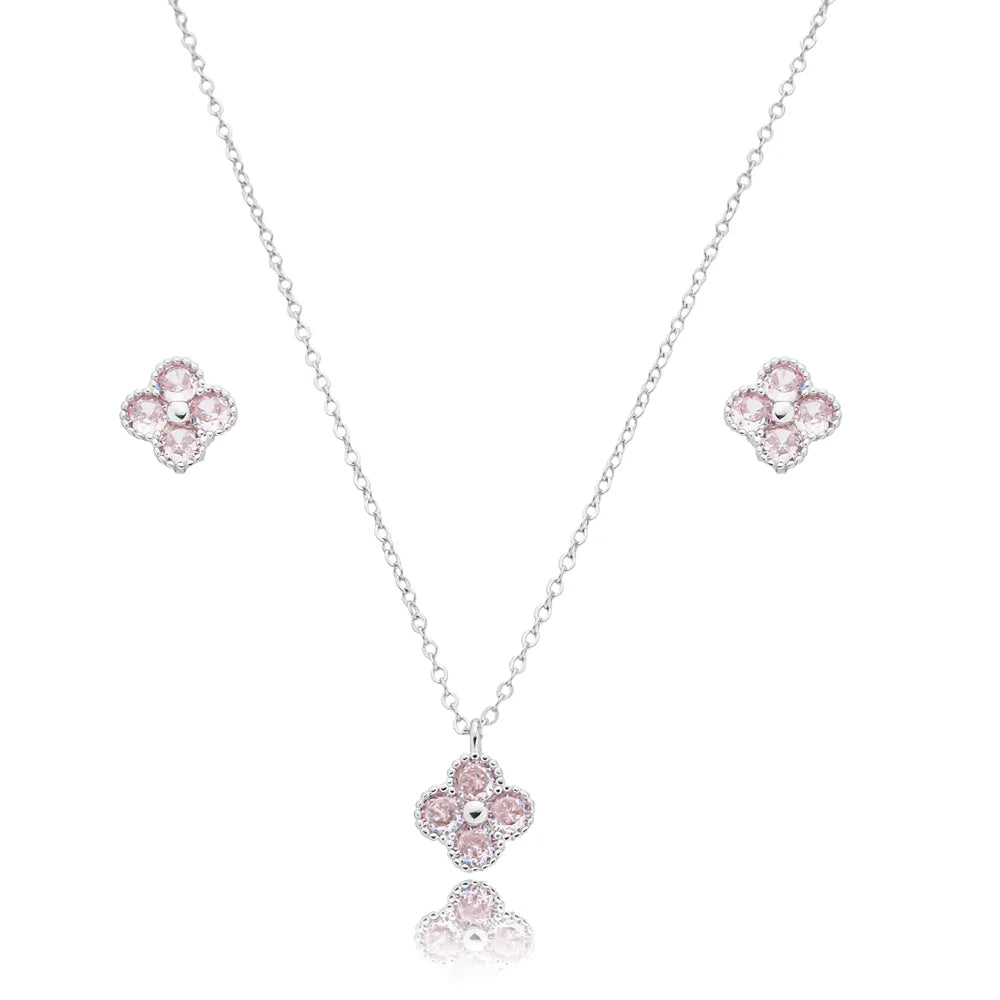 Conjunto Flor de Zircônia Rosa Ródio Branco