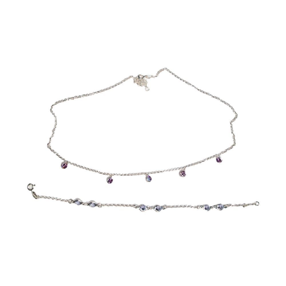 Conjunto Colar com Pingentes Acompanhado de Pulseira com Pingentes Prata 925