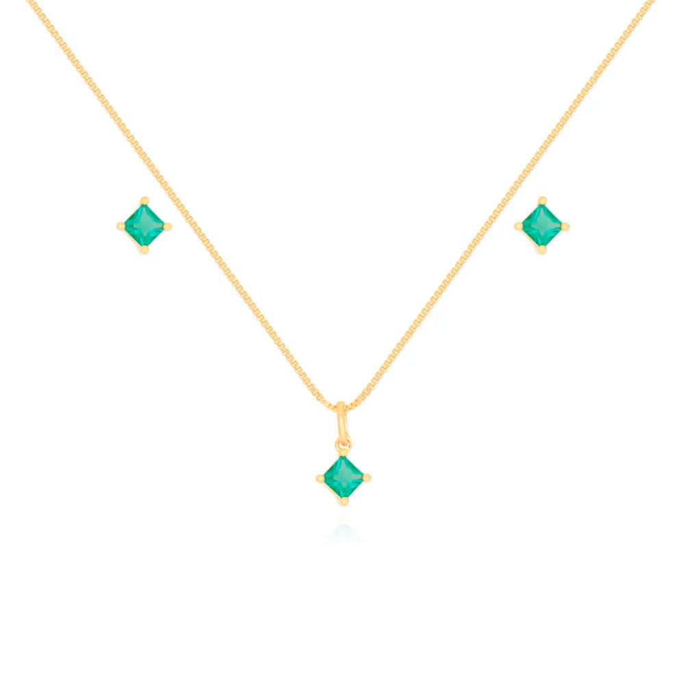 Conjunto Pedra Quadrada Ouro 18K