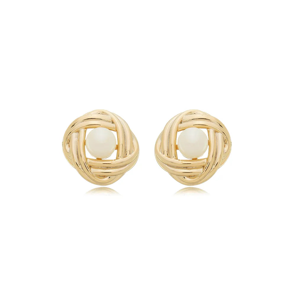 Brinco Entrelaçado com Pérola Central Ouro 18K