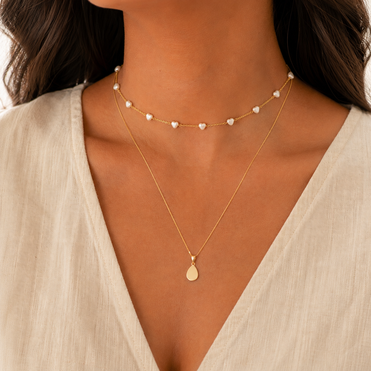 Colar Choker Elos Retangulares e Pérolas de Corações Ouro 18K