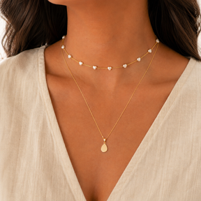 Colar Choker Elos Retangulares e Pérolas de Corações Ouro 18K