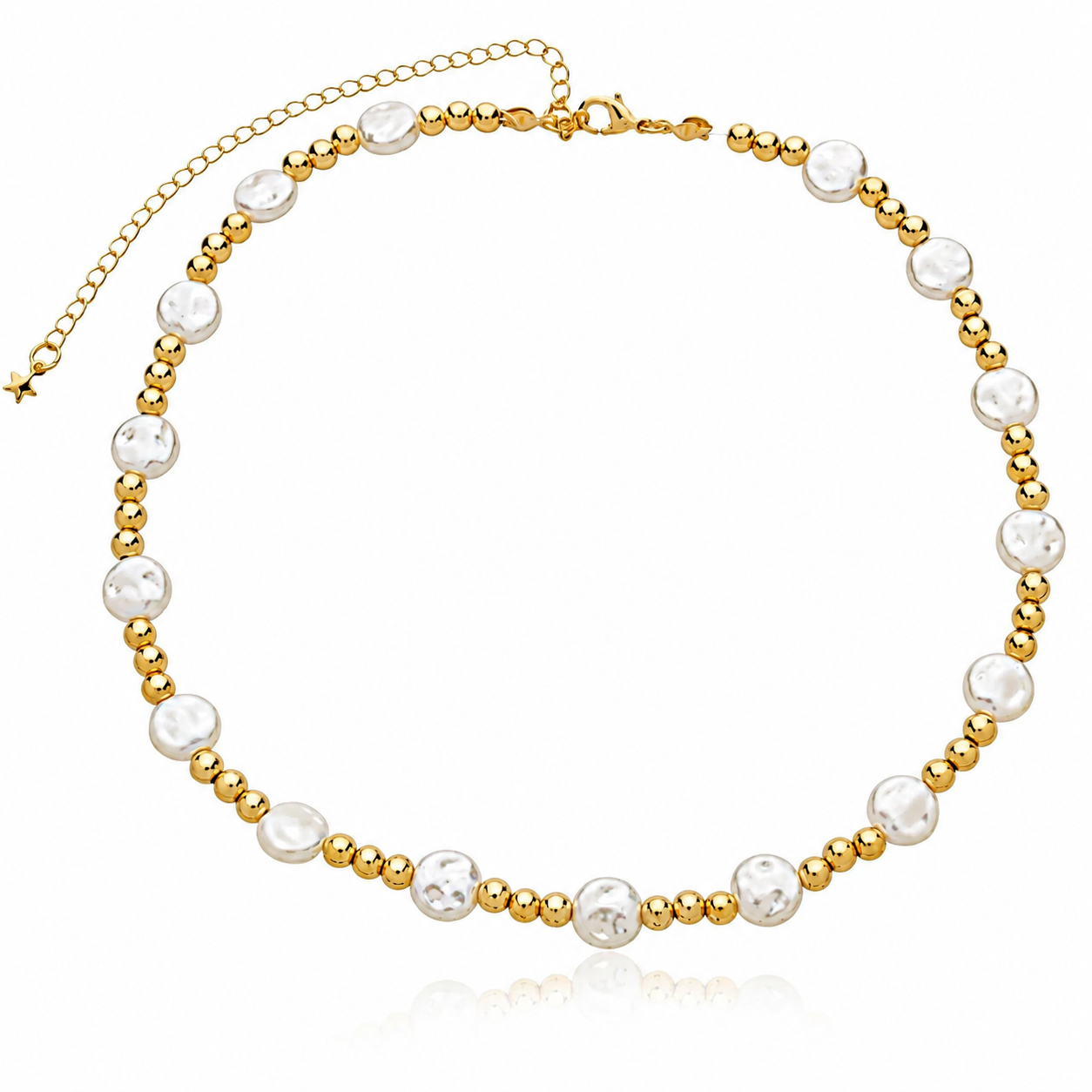 Colar Choker Nylon Pérola Amassada com Pingentes ABS Ouro 18K