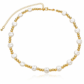 Colar Choker Nylon Pérola Amassada com Pingentes ABS Ouro 18K