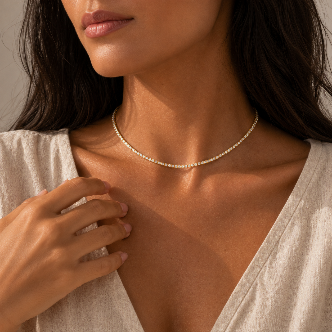 Colar Choker Riviera Cristal 2MM Semijoia Ouro 18K