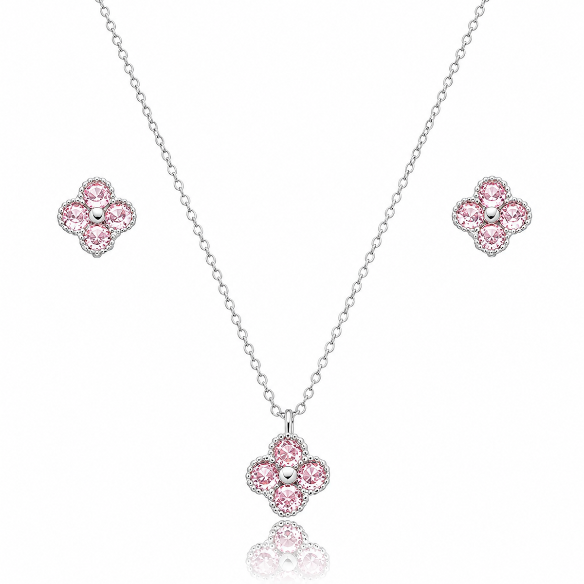 Conjunto Flor de Zircônia Rosa Ródio Branco