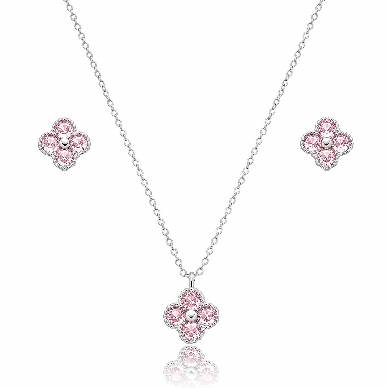 Conjunto Flor de Zircônia Rosa Ródio Branco