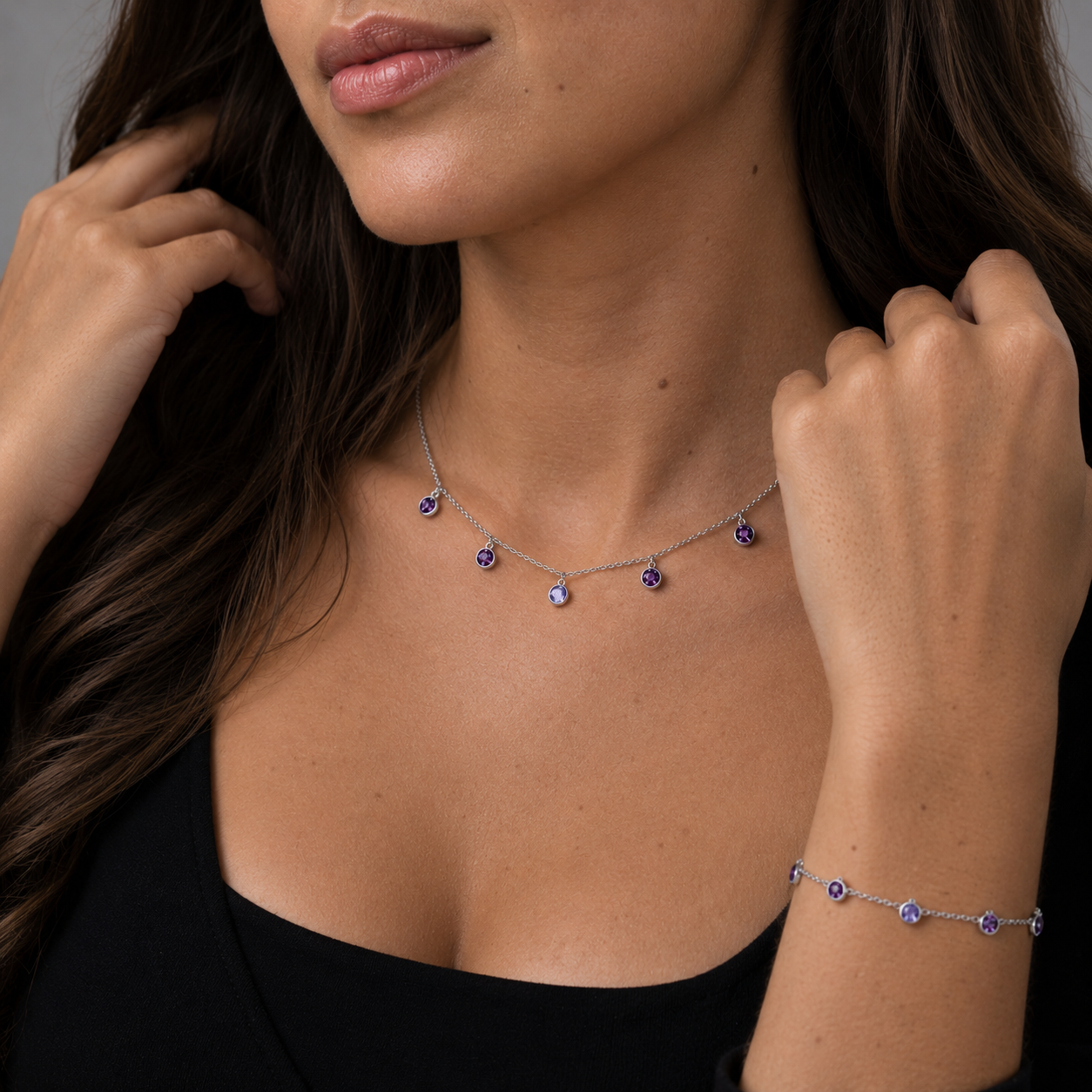 Conjunto Colar com Pingentes Acompanhado de Pulseira com Pingentes Prata 925