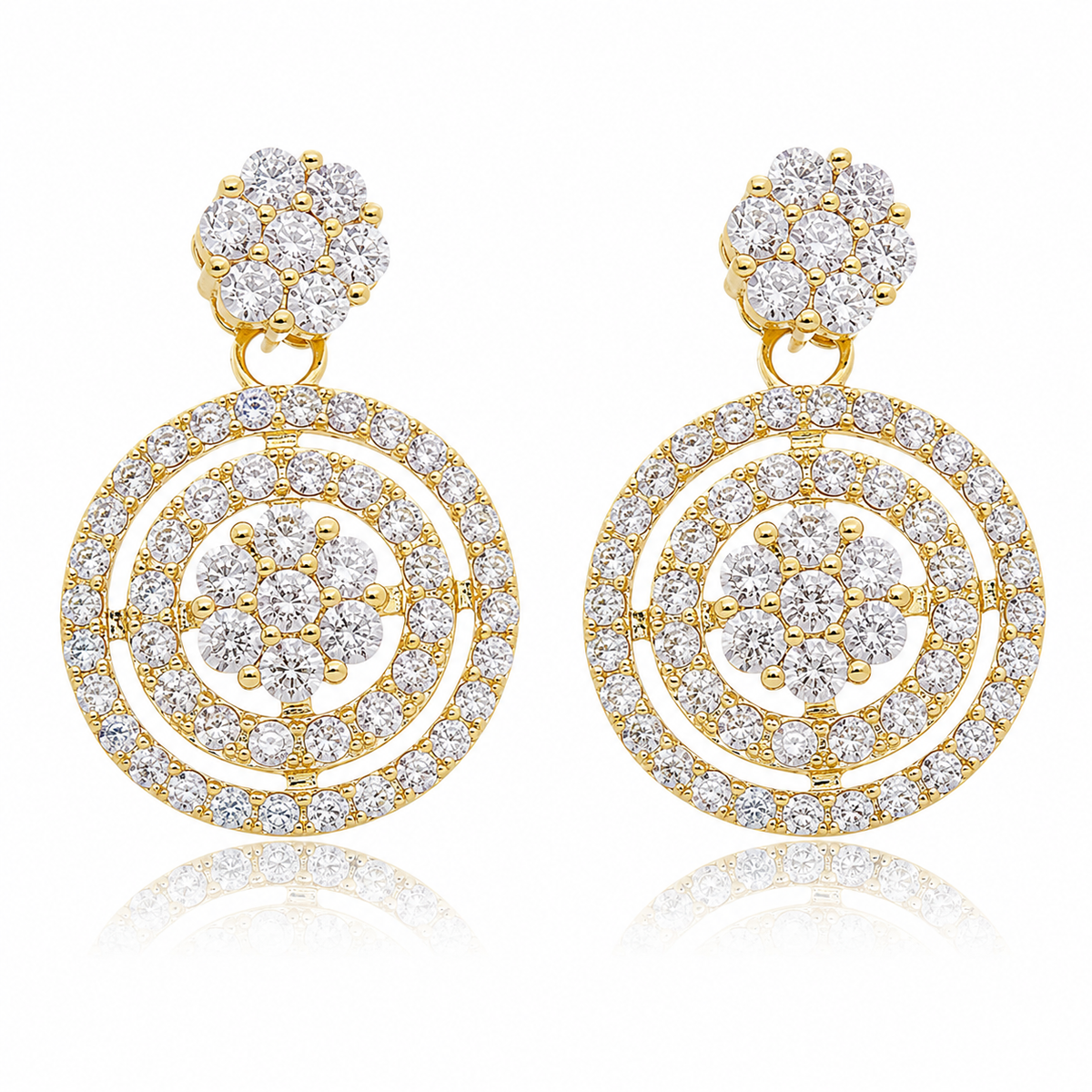 Brinco Círculo com Duas Fileiras e Flor Ouro 18K