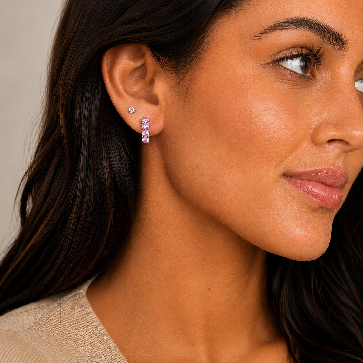Brinco Argola com Zircônias Rosa Ródio Branco