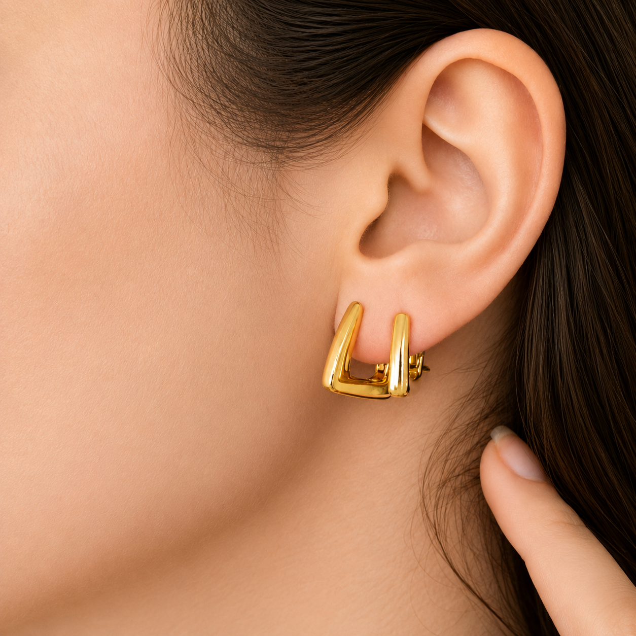 Brinco Dupla Argola Triangular Lisa Ouro 18K