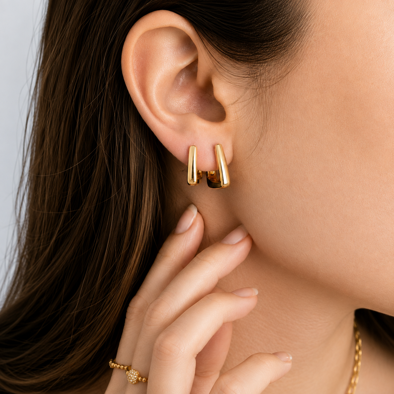 Brinco Dupla Argola Triangular Lisa Ouro 18K