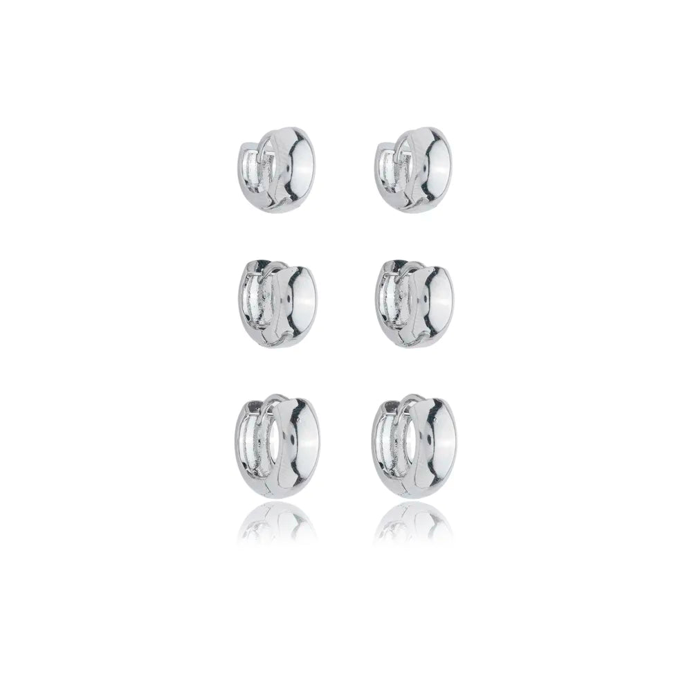 Brinco Trio Argola Lisa Grossa Ródio Branco