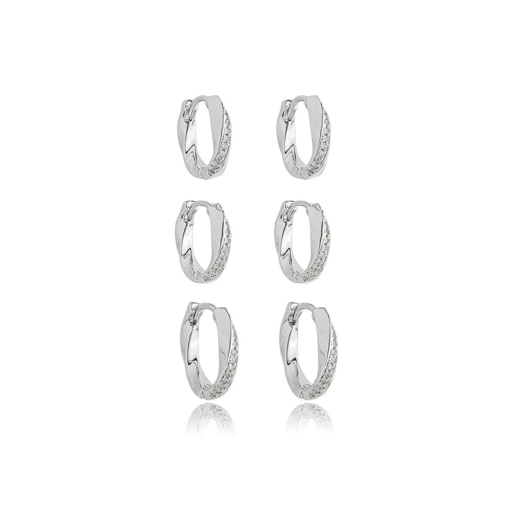 Brinco Trio Argola Trançada Ródio Branco