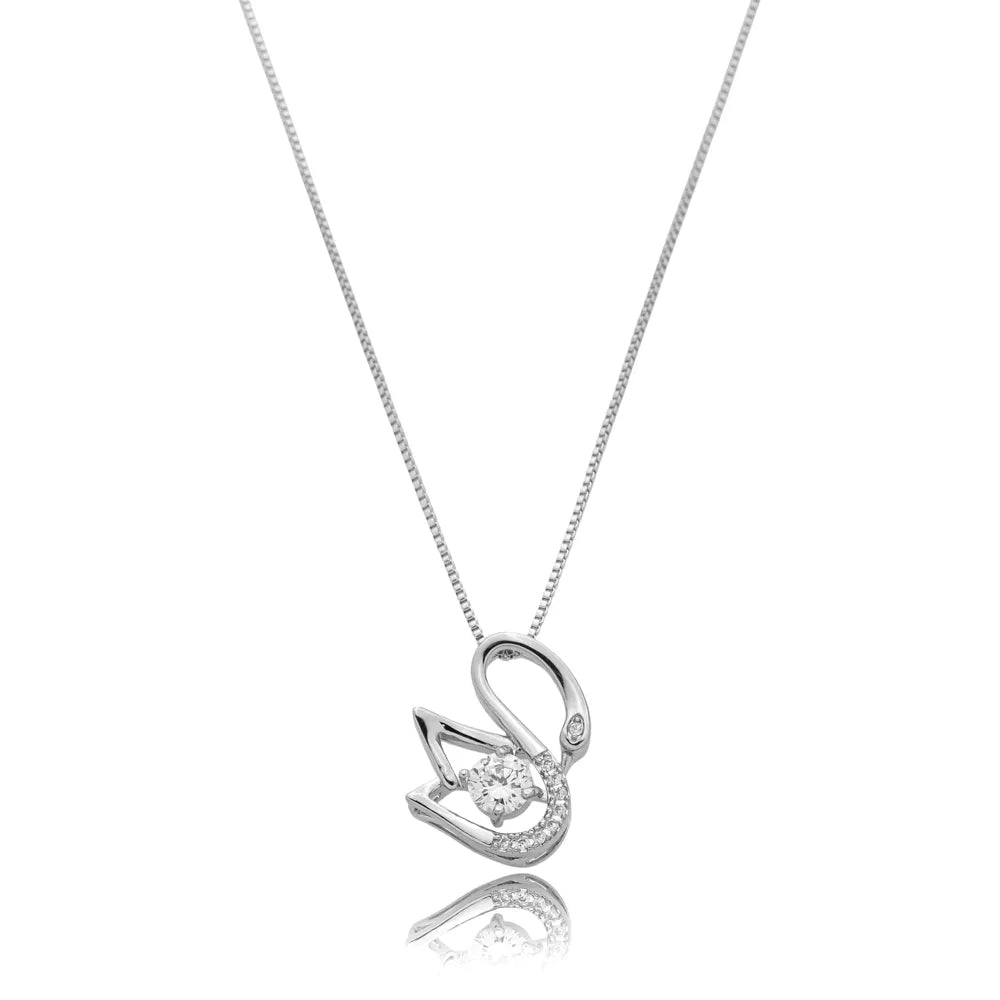 Colar Cisne com Ponto de Luz no Centro Ródio Branco