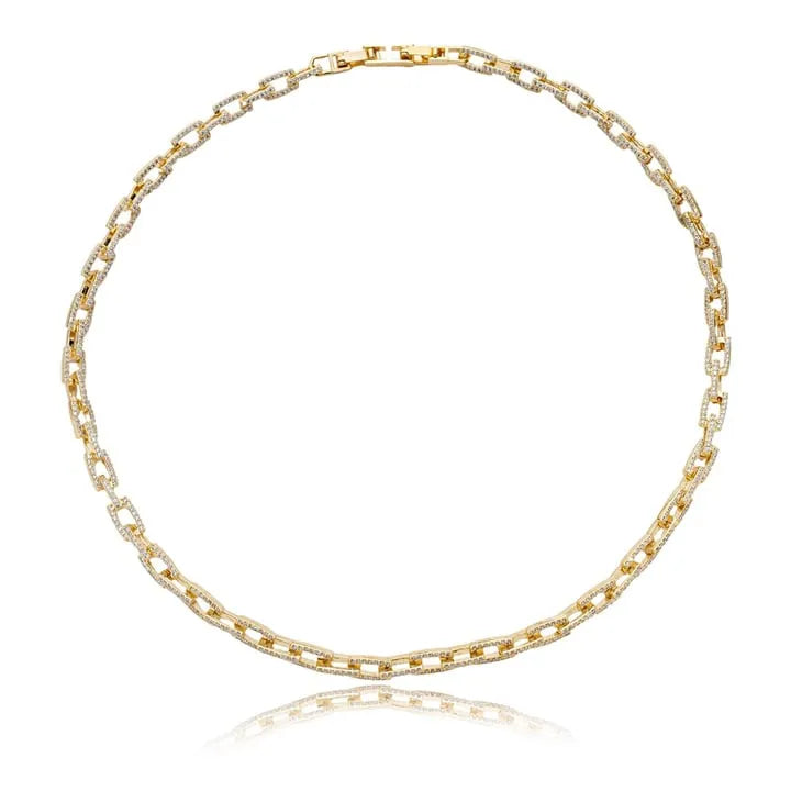 Colar Elos Retangulares com Detalhes Cravejados 45cm Ouro 18K