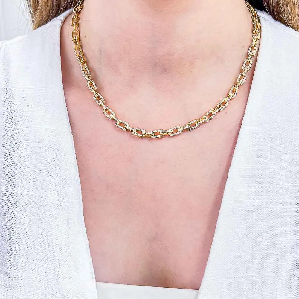 Colar Elos Retangulares com Detalhes Cravejados 45cm Ouro 18K