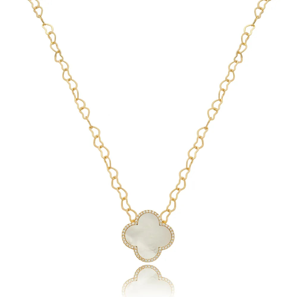 Colar Inspiração Elos Corações com Trevo Madre Pérola Ouro 18K