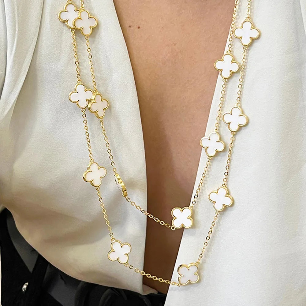 Colar Longo Trevo Branco Ouro 18K