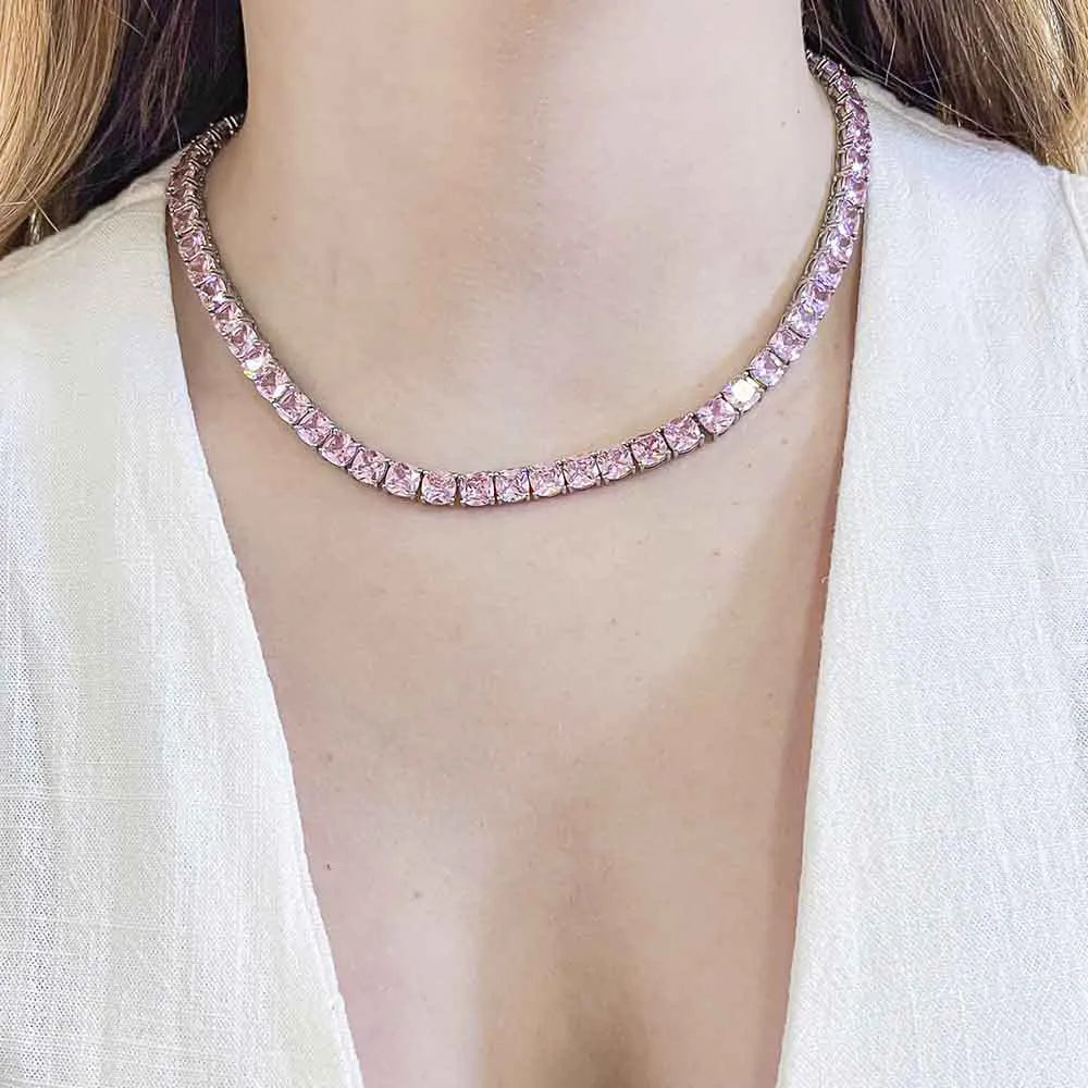 Colar Riviera 5MM Rosa 45cm Ródio Branco