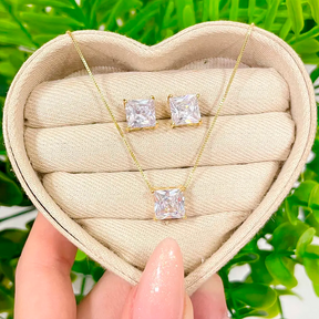 Conjunto Brinco e Colar com Zircornia Quadrada Ouro 18K