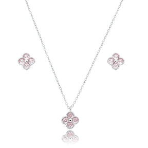 Conjunto Flor de Zircônia Rosa Ródio Branco