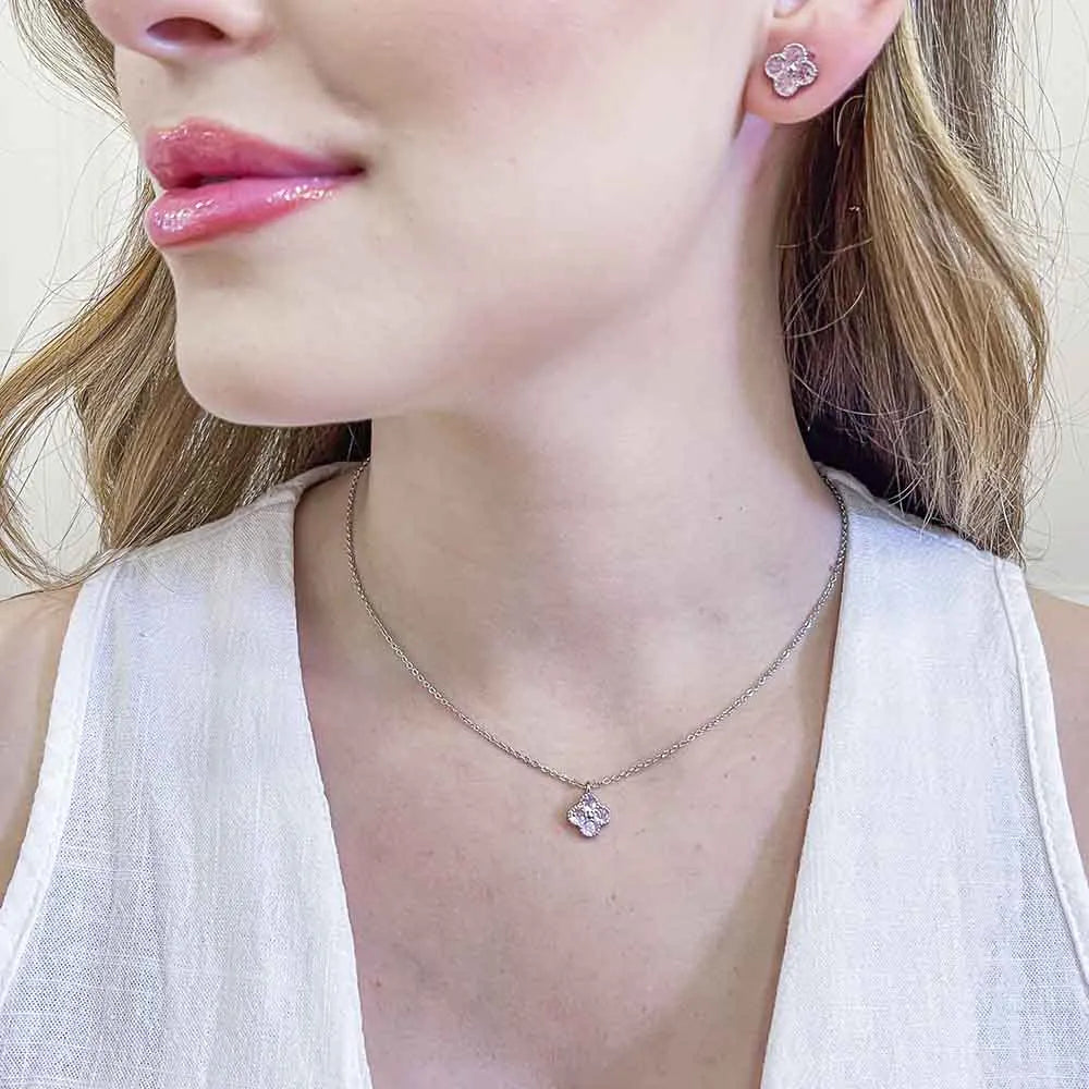 Conjunto Flor de Zircônia Rosa Ródio Branco