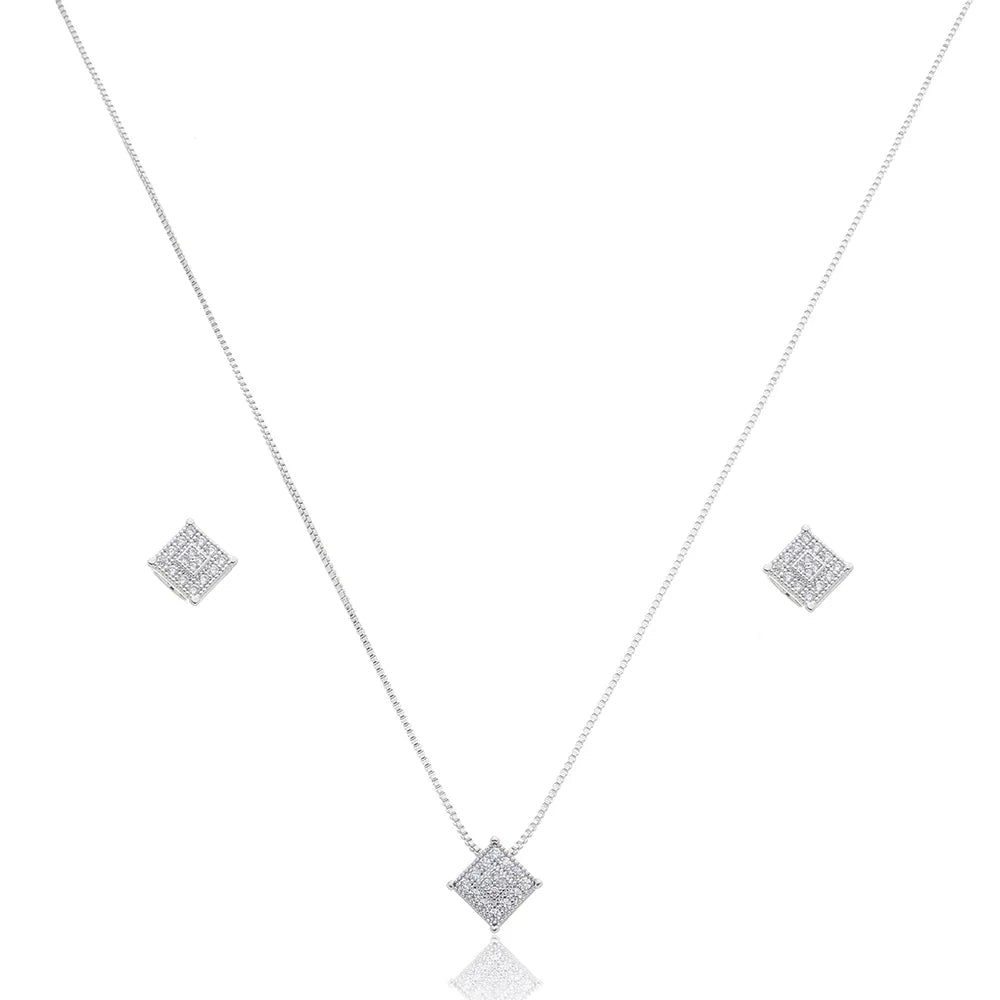 Conjunto Quadrado Cravejado Ródio Branco