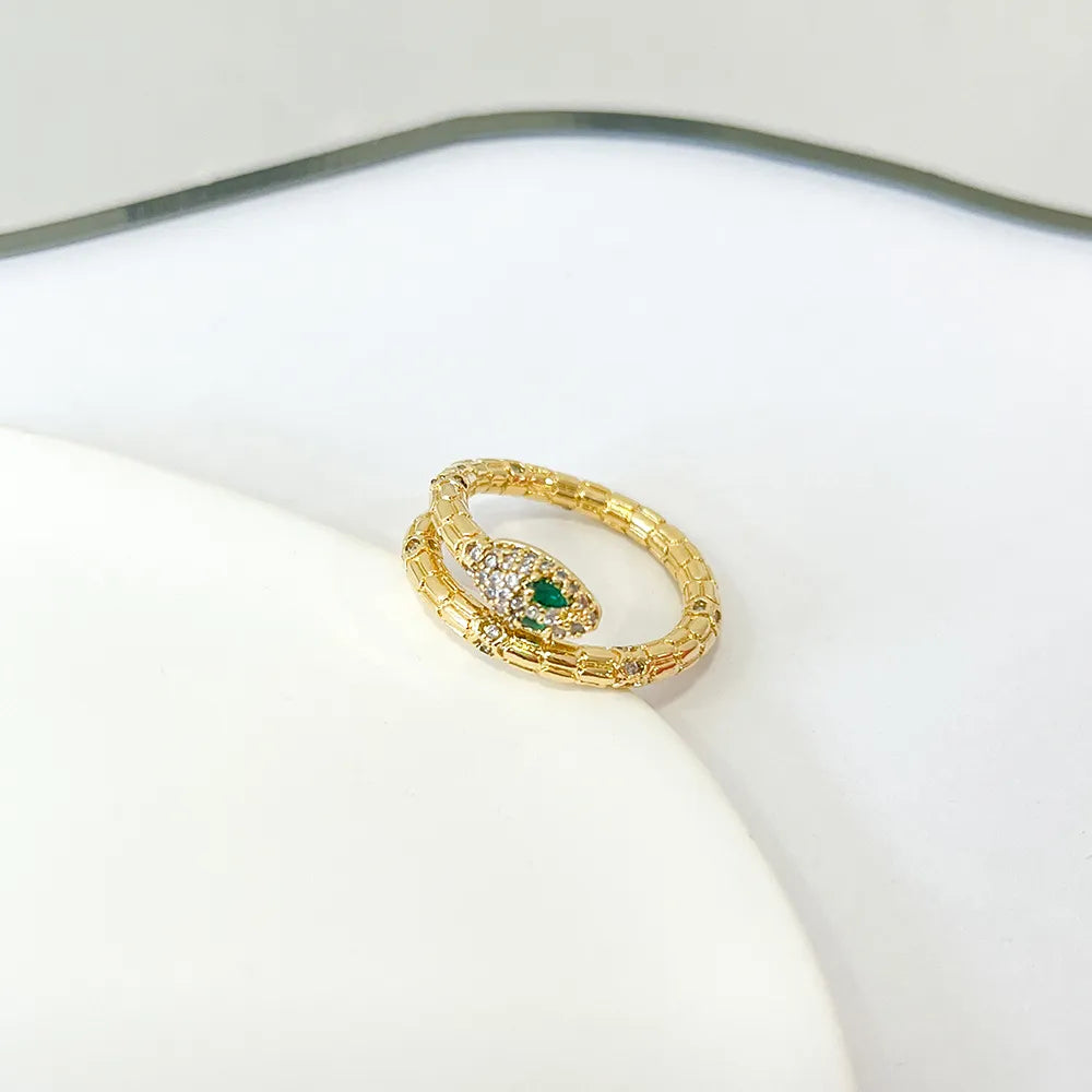 Anel Regulável Cobra Texturizada e Zircônia Ouro 18K