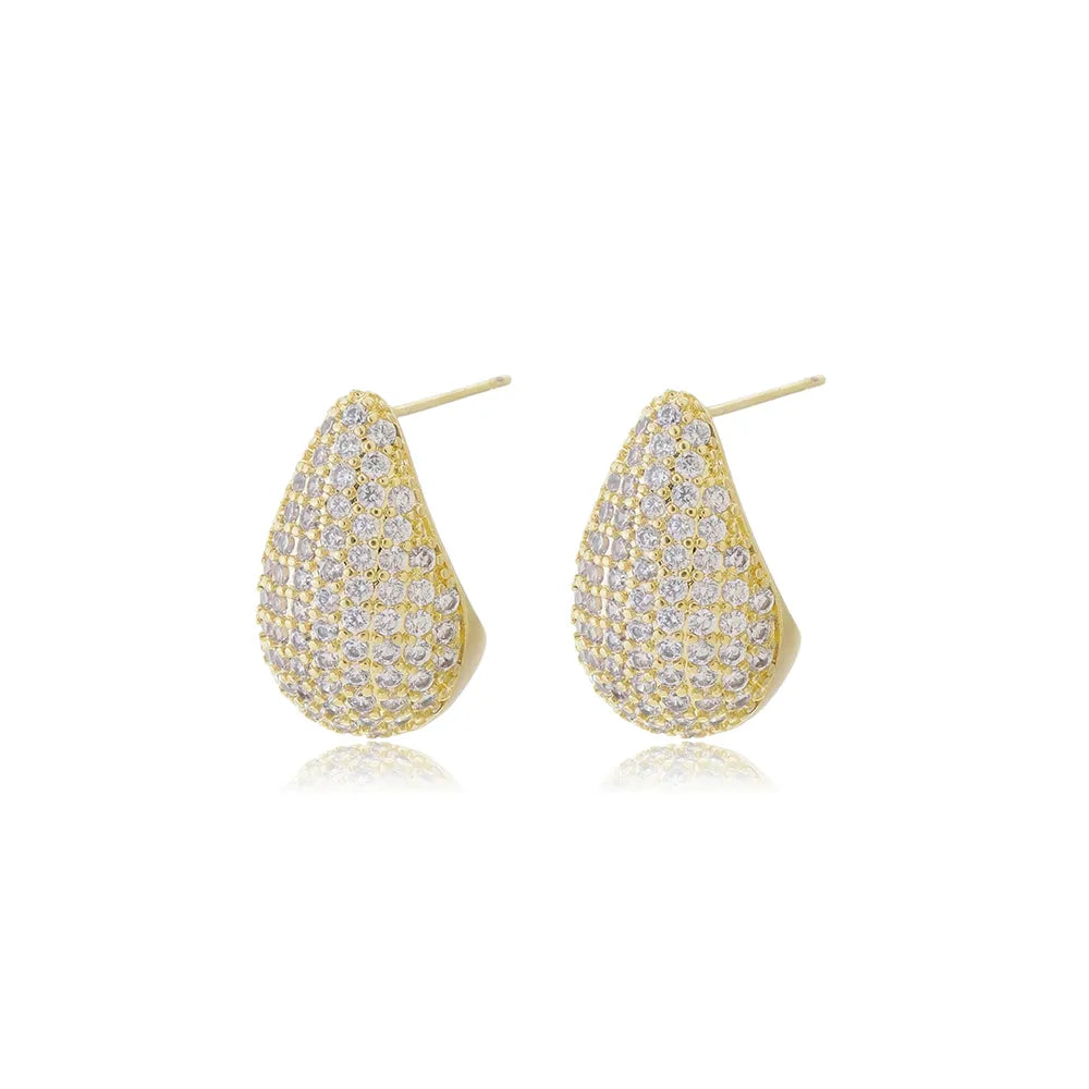 Brinco Gota Cravejado de Micro Zircônias e Curva Ouro 18K