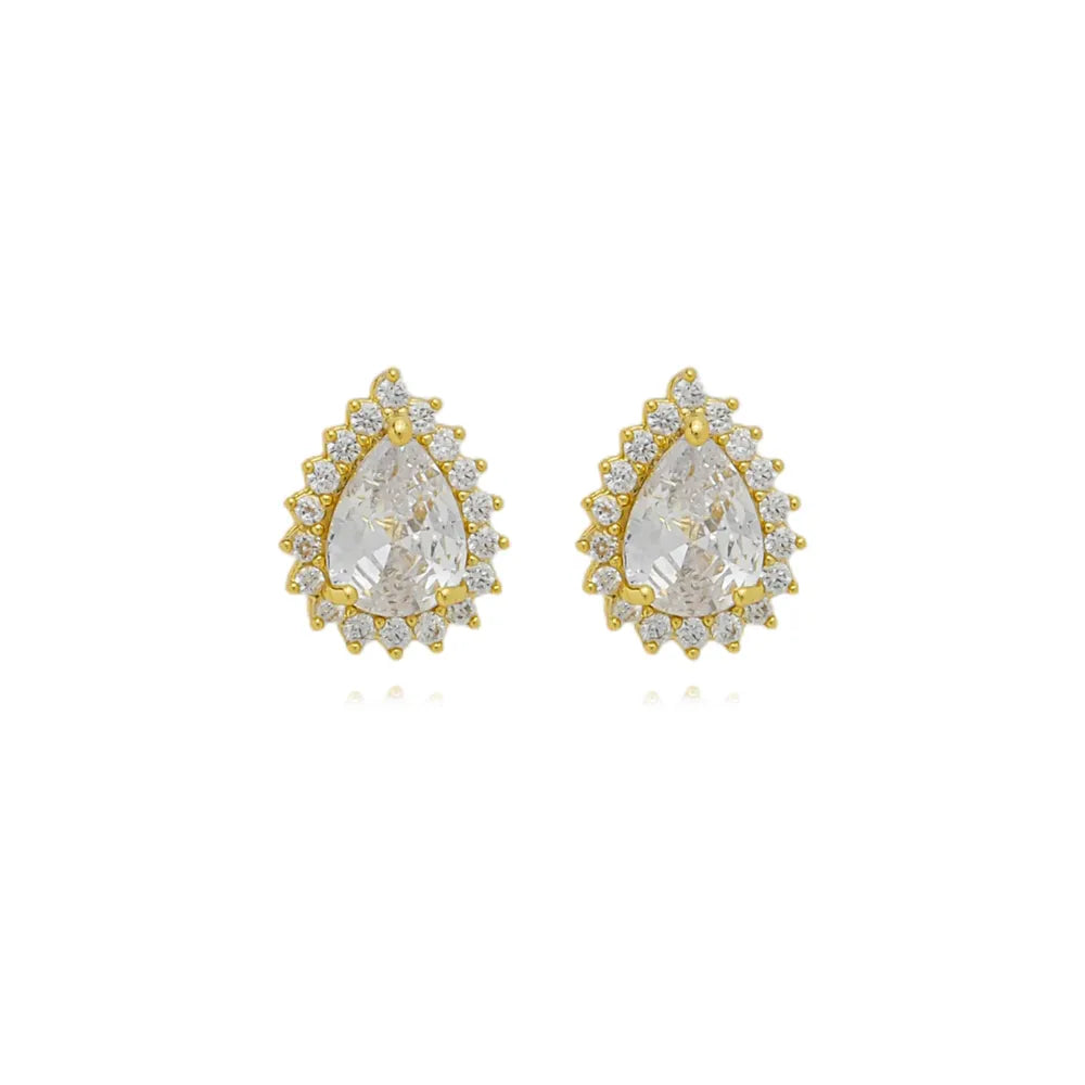 Brinco Gota com Contorno em Micro Zircônias Ouro 18K