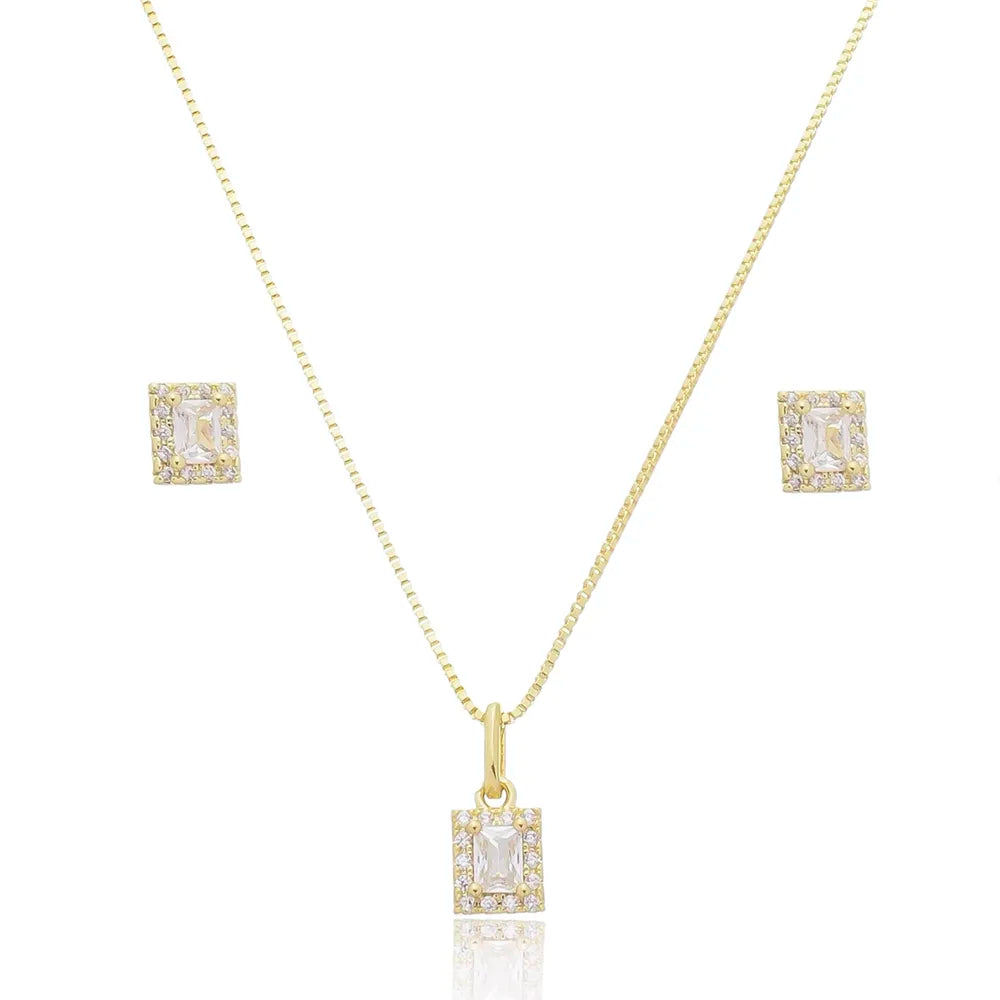 Conjunto Retangular com Contorno Detalhado e Zircônia Cristal Ouro 18K