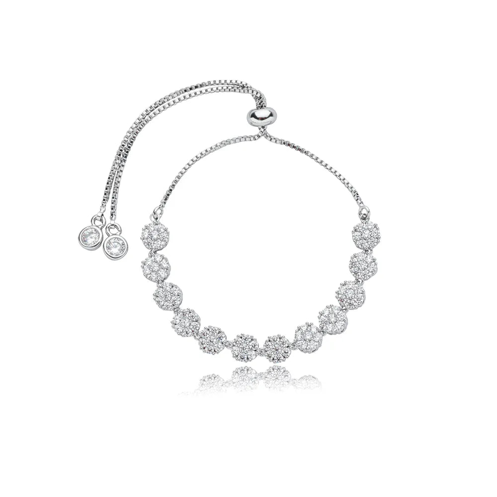 Pulseira Regulável Flores Cravejadas Cristal Ródio Branco