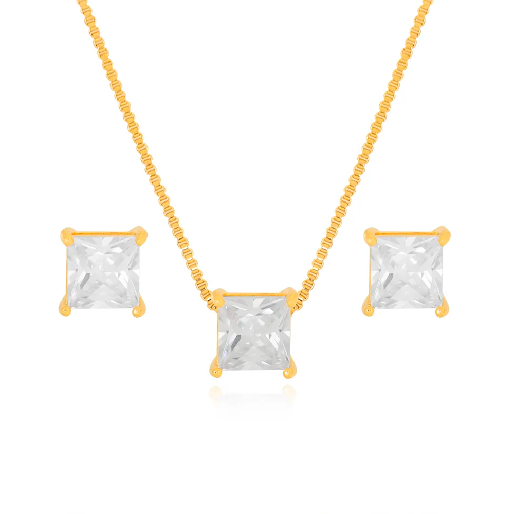 Conjunto Brinco e Colar com Zircornia Quadrada Ouro 18K